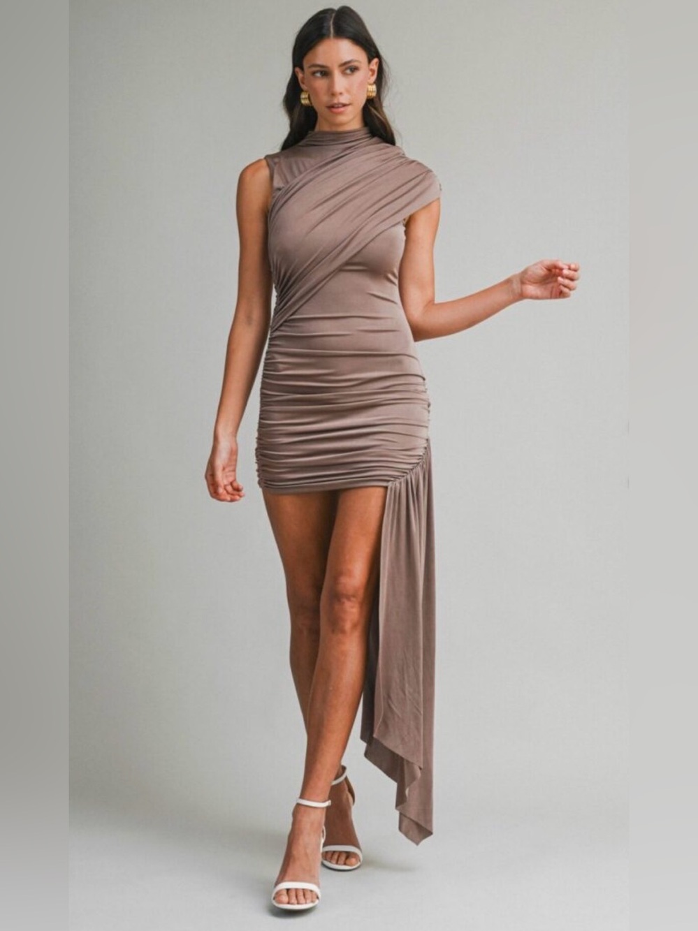 Sleeveless Taupe Asymmetric Draped Mini Dress
